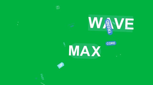 Zooming starting MAX badge, WAVE label growing, tags orbiting fading to reveal logo on transparent