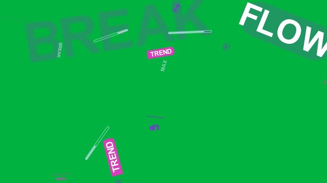 Tiny BREAK popping, BREAK scaling, FLOW showing, tags tilting, forming title on transparent canvas