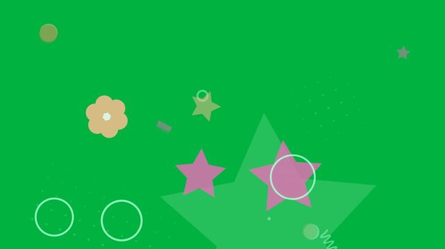 Mint star entering lower-right gathering confetti cluster on transparent canvas drifting and fading