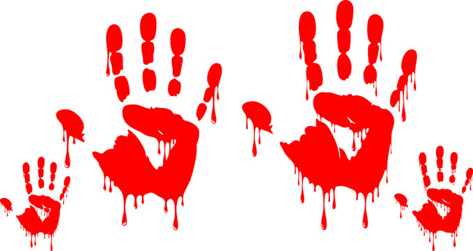 Bloody handprints with dripping red paint, horror hand prints vector illustration, macabre crime scene handprints for halloween posters