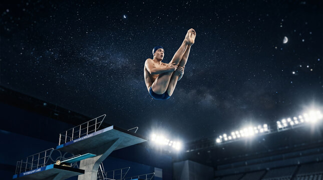 An Olympic diver jumping off the high dive, but falling upwards into a starry night sky instead of the water