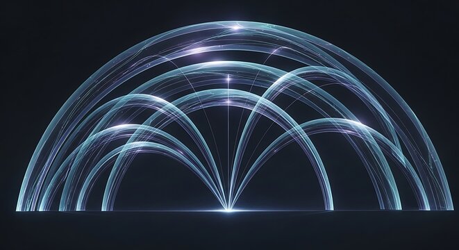 A glowing magic fountain at night radiates futuristic energy with blue laser rays and a rainbow of motion lines against a dark black space backdrop