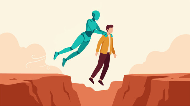 AI robot assists man across a chasm, symbolizing technological progress