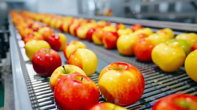 Fresh red apples moving along conveyor belt inside of food processing plant, packaging facility. Apple sorting machine picking fruits. Automatic factory. Closeup. Hightech agriculture production line.