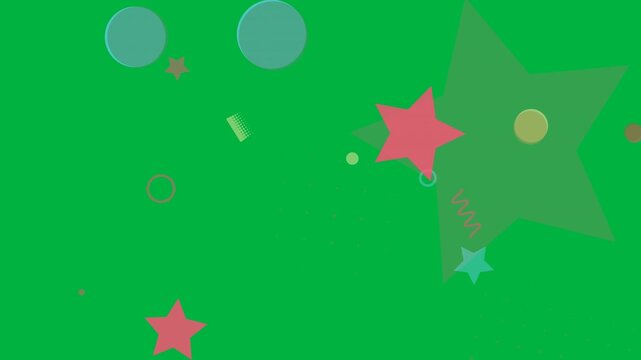 Pink star entering, growing and shifting left, scattering shapes for celebration on transparent bg