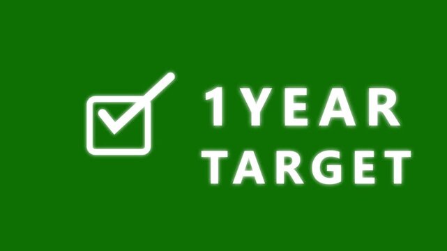 A glowing white checkbox with a checkmark inside and the words 1YEARTARGET in white text against a vibrant green background representing a completed annual goal or objective