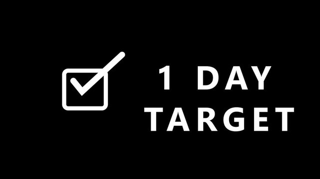 A stark white a square checkbox with a bold checkmark inside and the words "1DAYTARGET" in white sans-serif font against a solid black background representing a clear objective or