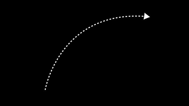 A white dotted curved arrow pointing to the right and upwards on a black background symbolizing a trajectory, progress, or a future direction in a minimalist representation. Keywords