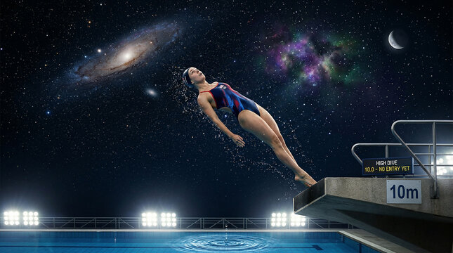 An Olympic diver jumping off the high dive, but falling upwards into a starry night sky instead of the water