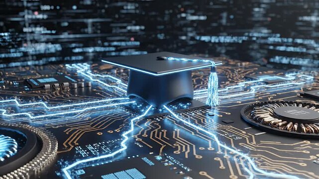 A futuristic graduation cap rests on a glowing circuit board, symbolizing the intersection of education and technology in a modern world.