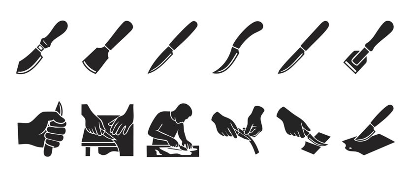 Leather Crafting Tools and Manual Skills Set, Icon Collection for Leatherworking and Handmade Hobby, Showing Various Knife Types, Cutting Techniques, Artisanal Craftsmanship, Creative Workshop Design.