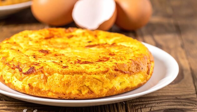 Authentic Golden Spanish Tortilla on White Plate with Fresh Eggs on Rustic Wooden Table for a Delicious Traditional Meal