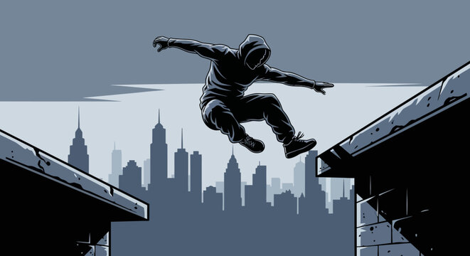 A dynamic urban athlete performs a daring rooftop leap against a stylized city skyline, embodying freedom, agility, and modern courage.