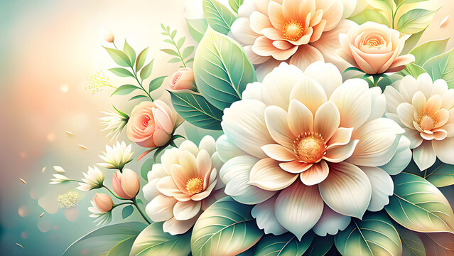 beautiful floral background for vedding invitation, soft white flowers, gradient from soft pink to white, copy space for text