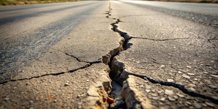 A long, deep fissure splits the asphalt road surface, revealing the underlying layers of the road's construction.