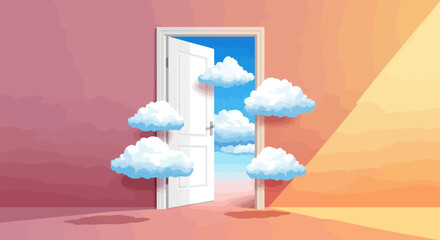 Open door leading to a blue sky with floating clouds in a surreal interior © Dodol Creative Stock