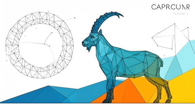 Blue and Teal Geometric Capricorn Ibex Standing on Polygonal Landscape with Zodiac Constellation and Abstract Astrological Chart in Modern Digital Illustration Style