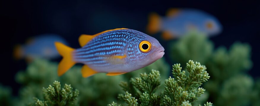 Terumbu karang biru berkilau dengan ikan-ikan tropis kecil di air jernih