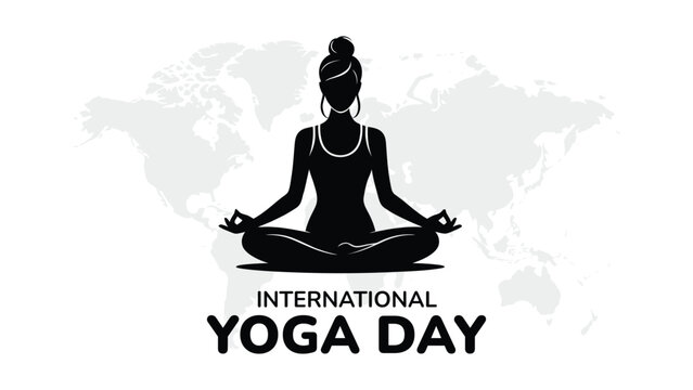 International yoga day illustration with meditating woman silhouette on world map background, mindfulness wellness concept, healthy lifestyle and peace theme