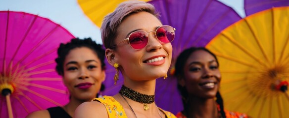 Obraz premium Women bask under a colorful festival parasol like butterflies at a summer soiree