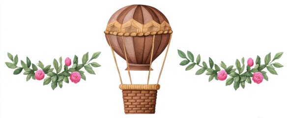 Obraz premium Hot air balloon with floral garland in watercolor for adventure-themed designs and celebrations.