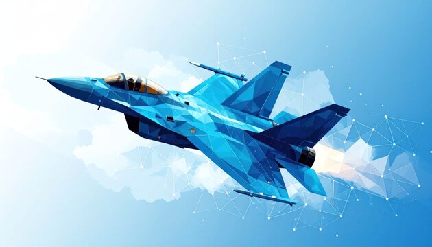Blue geometric fighter jet illustration soaring through a clear sky with abstract network connections representing modern aerospace technology and digital innovation.