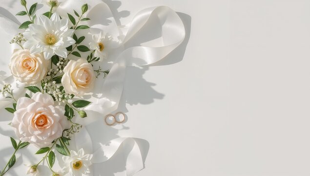 Elegant Wedding Flat Lay with Gold Rings, Cream Roses and White Ribbon on White Background