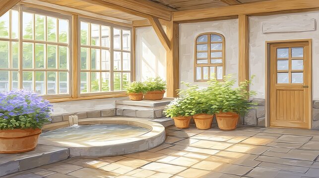Sunlit indoor garden spa room sunlit indoor garden spa room cozy natural light plants water basin sunlit indoor garden spa room peaceful relaxation home sanctuary