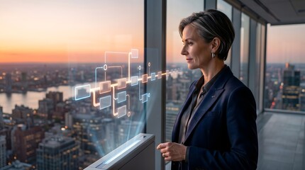 Fototapeta premium Businesswoman viewing flowchart hologram in office