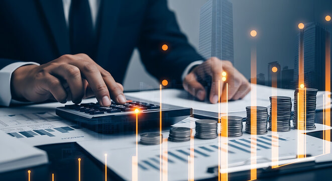 A businessman using a calculator with stacks of coins and financial charts indicating growth and investment.