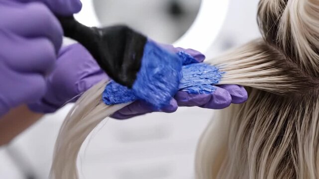 Stylist applying blue toner to platinum blonde hair. Close-up of a hairdresser coloring hair with a brush in a beauty salon. Hair toning process