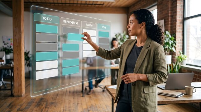 Woman managing project kanban board hologram