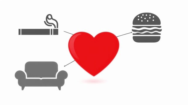 Animated infographic showing red heart with arrows pointing to cigarette and burger icons, illustrating health risks from smoking and unhealthy eating habits.