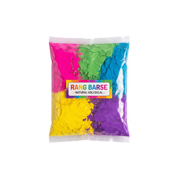 Rang Barse natural Holi gulal powder, vibrant multicolor organic dry colors in plastic packaging, traditional Indian festival celebration supplies isolated on Transparent Background