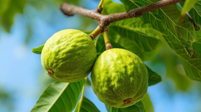 Green unripe walnuts growing on a tree branch. Green walnut fruit hanging among green leaves ripening in sunny orchard. Natural plant growth and autumn food. Fat and oils for cooking and cosmetology.