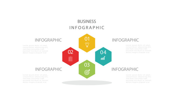 Infographic frame with 4 steps or options. Template for graph, diagram, presentations.Business hexagon template with options for process diagram, workflow, timeline, web design. 