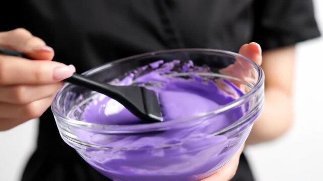 Hairdresser mixing purple hair dye in a glass bowl with a brush. Professional colorist preparing hair color cream for application. Salon beauty treatment concept