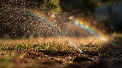 Obraz premium Backyard lawn with sprinkler spraying water droplets and rainbow in sunlight. Fresh summer garden scene ideal for irrigation and outdoor lifestyle concepts.