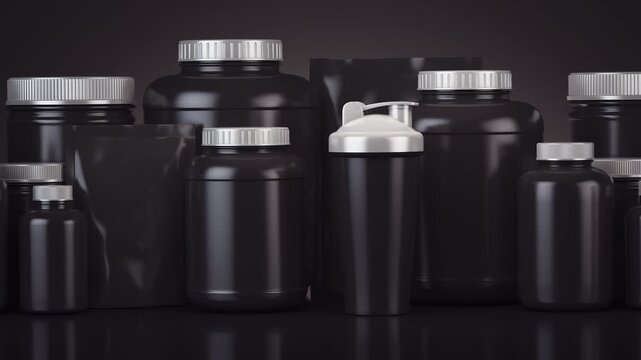 Sport nutrition. Black cans and bottles with sport food, whey protein powder and energy supplements