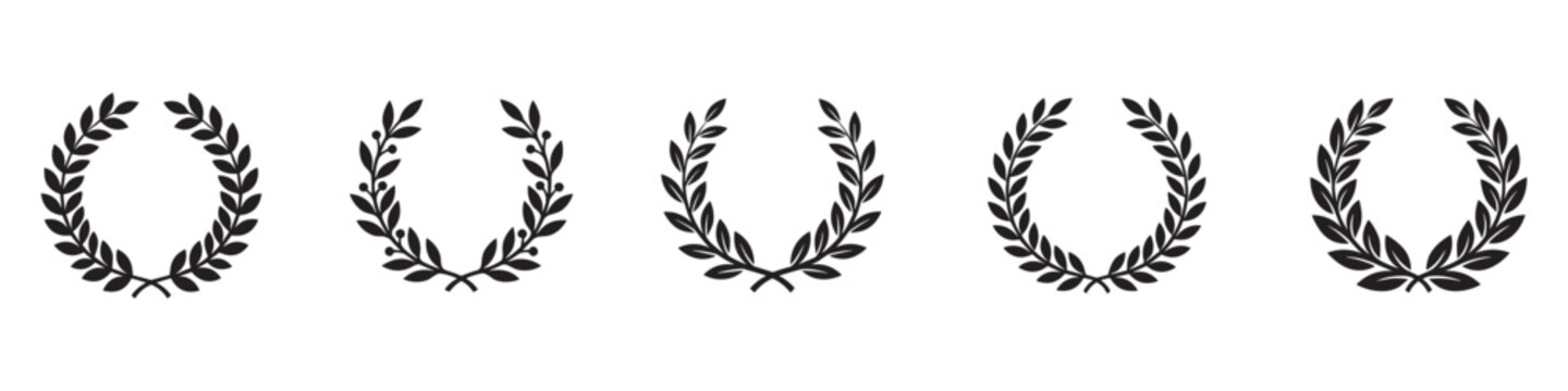 Laurel wreath icon. Laurel wreath icon set with circle, heart and square shapes, black vector illustrations for victory, award and heraldry. Vector Illustration. EPS 10