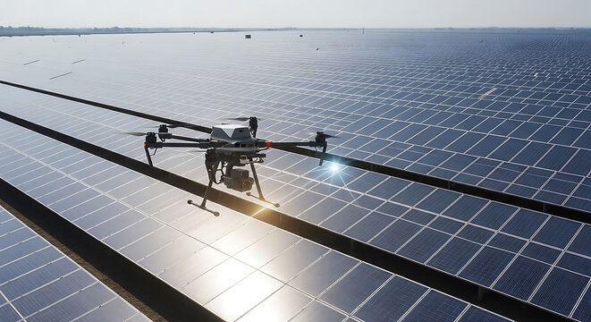 Drone inspecting vast solar panel field, symbolizing sustainable energy and technology for a greener future.