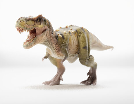 Detailed t-rex dinosaur toy with open mouth and textured skin, captured in a studio shot against a white background