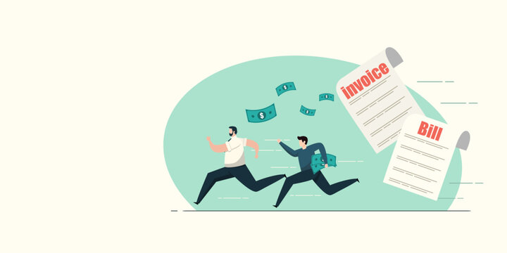 Two men in business attire running fast to escape from a giant floating invoice and bill with money flying in the air, representing debt evasion and financial stress.