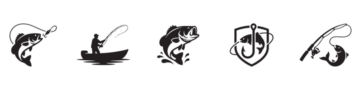 Fishing logo icon set. Fishing Logos and Emblems with Fish, Fisherman, and Fishing Gear. Vector Illustration. EPS 10