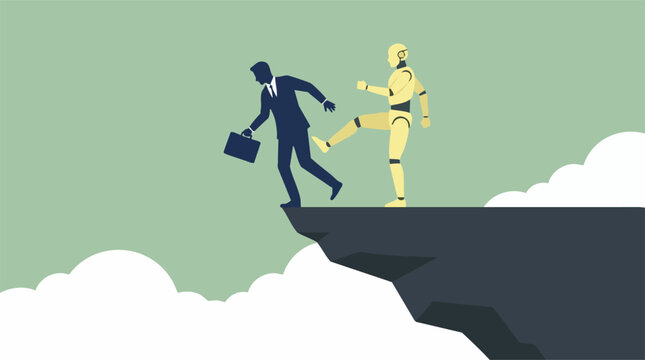 AI Robot Kicking Businessman Off Cliff - Concept of Job Displacement