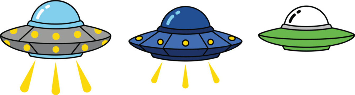 Cartoon UFO Icon Set with Different Colors and Light Beams for Alien, Space, and Sci-Fi Illustrations