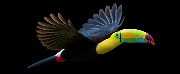 Obraz premium Isolated Keel-billed Toucan soars like a rainbow in the sky with its dazzling beak.