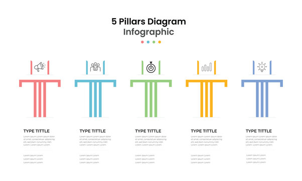 Five pillars diagram infographic template with colorful columns for business strategy workflow analysis report presentation and corporate planning