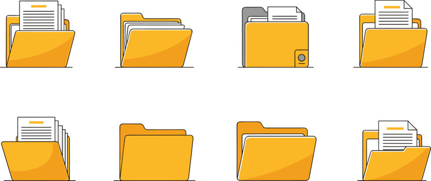 Folder and Document Icon Set with Files, Paperwork, and Secure Folders for Digital Organization, File Management, and Business Illustrations