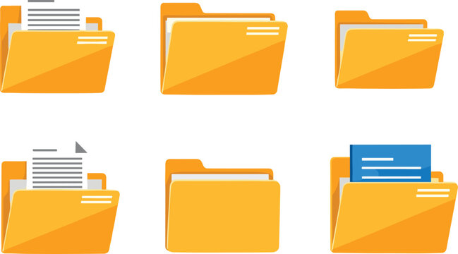 Folder Icon Set with Documents, Files, and Various Folder Designs for Digital Organization, Business, and File Management Illustrations